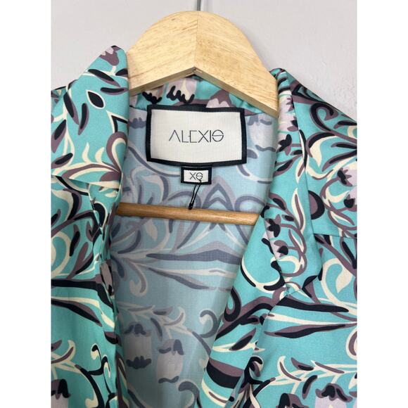NEW Alexis Wrap Tie Satin Long Blouson Sleeves Tallara Top Blue Aqua Tulip - Picture 4 of 7